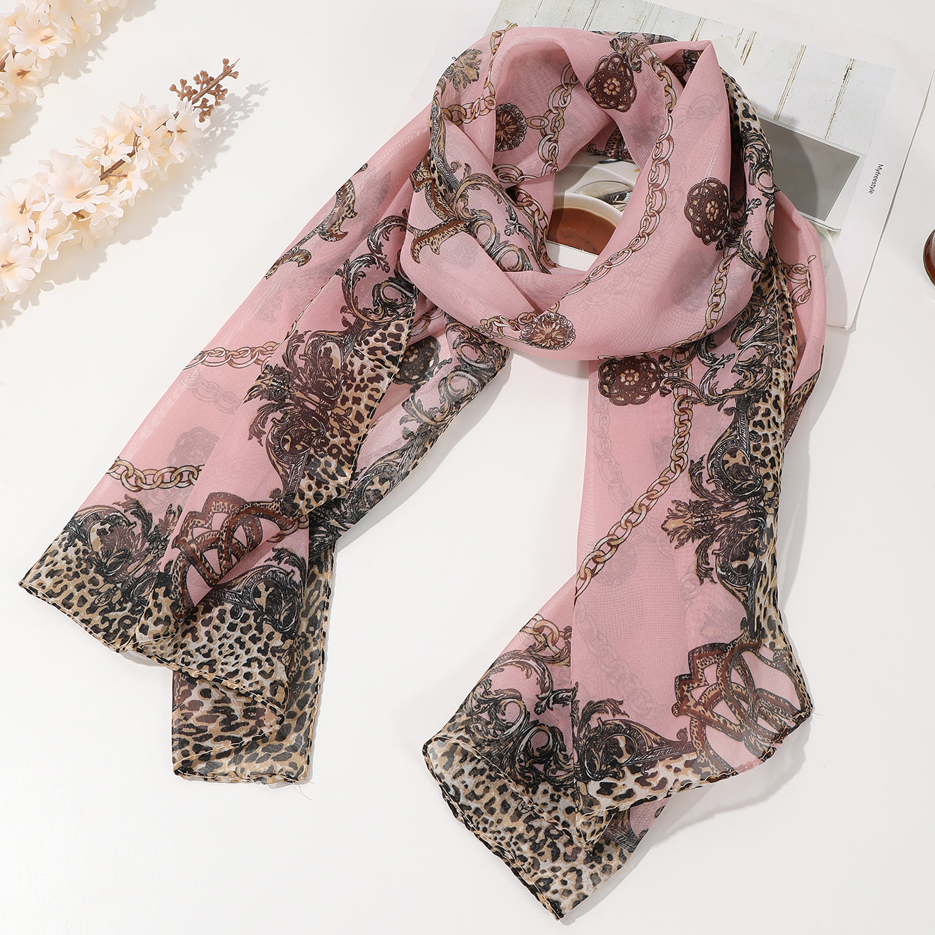 Ladies' Printed Leopard Print Chain Chiffon Thin Silk Scarf