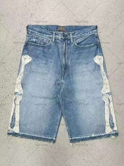 Retro Washed Hip-Hop Letter Print Loose Denim Shorts