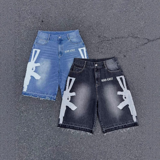 Retro Washed Hip-Hop Letter Print Loose Denim Shorts