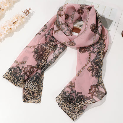Ladies' Printed Leopard Print Chain Chiffon Thin Silk Scarf