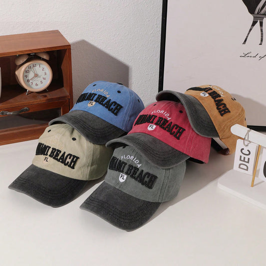 Embroidered Multi-color Washed Vintage Retro Peaked Cap With Sun Protection