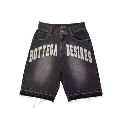 Retro Washed Hip-Hop Letter Print Loose Denim Shorts