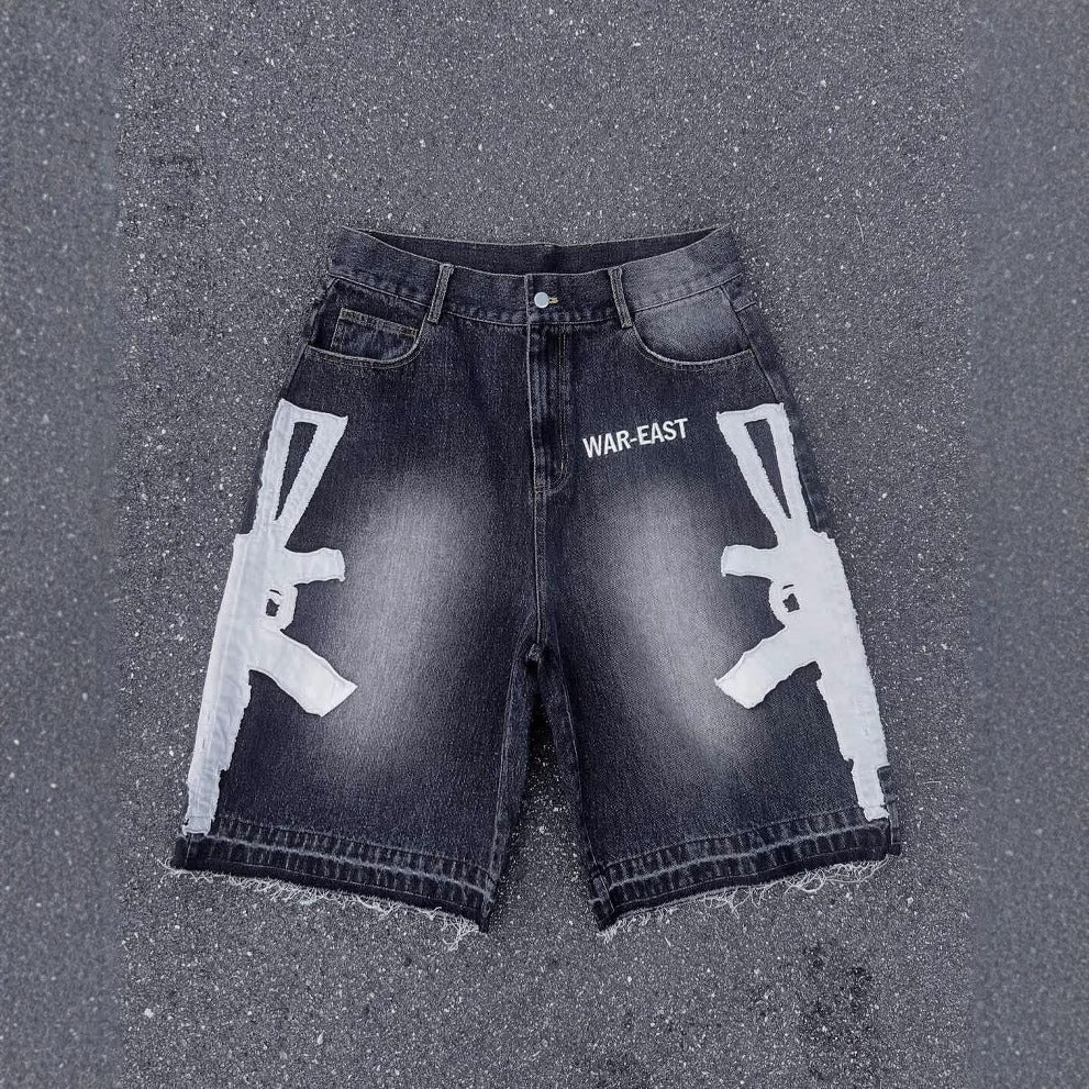 Retro Washed Hip-Hop Letter Print Loose Denim Shorts